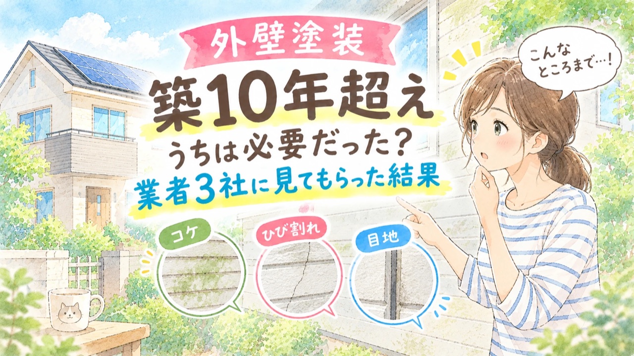 「外壁塗装 築10年超え うちは必要だった？ 業者3社に見てもらった結果」の文字と、コケ・ひび割れ・目地の劣化を指さす女性のイラスト